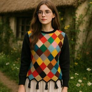 VINTAGE Hand Knit Cottagecore Colour Block Argyle Statement Sweater